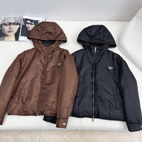 Prada Hooded Cotton Jacket with Metal Logo, Stylish and Lightweight Build