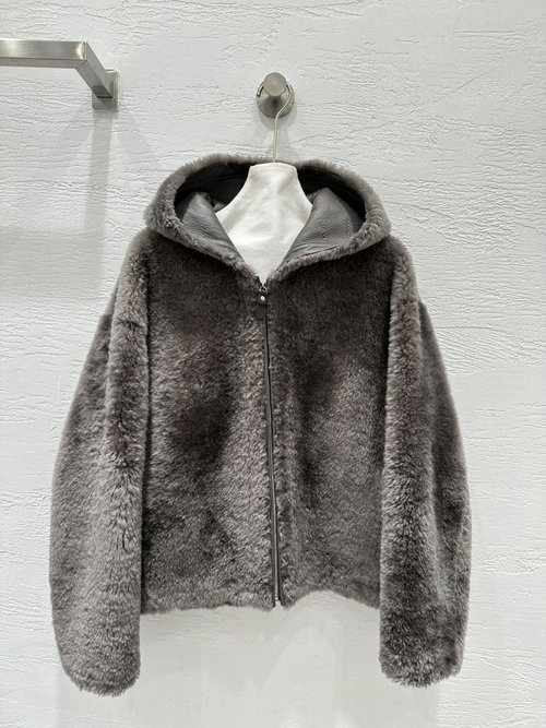 Loewe Exclusive Imported Merino Fur Coat with Stylish Hood in H-Shape
