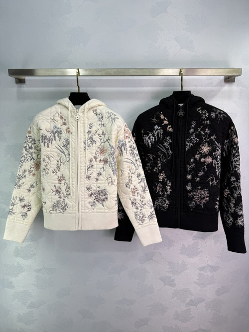 Dior Floral Print Quilted Jacket with Zipper and Drawstring
