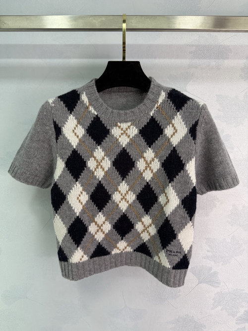 Prada High-Quality Cashmere Plaid Knit Short-Sleeve