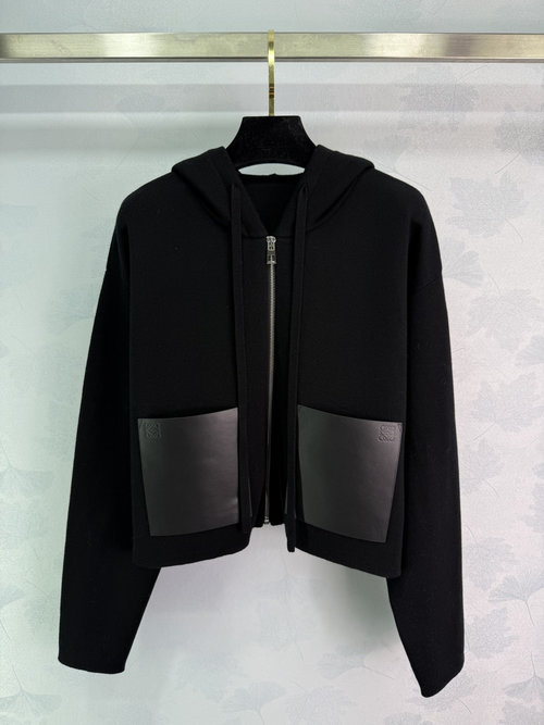 Loewe Hooded Zip-Up Knit Cardigan, Pure Color, PU Pocket Accents, Relaxed Fit for Middle-Aged