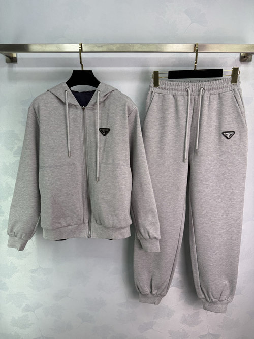 Prada Grey Hooded Sweatshirt Set with Brand Logo for Casual Attire