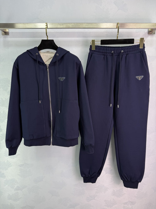 Prada Grey Hooded Sweatshirt Set with Brand Logo for Casual Attire