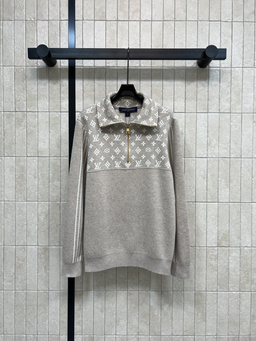 Louis Vuitton Monogram Embroidered Half-Zip Knit Top with Striped Sleeves