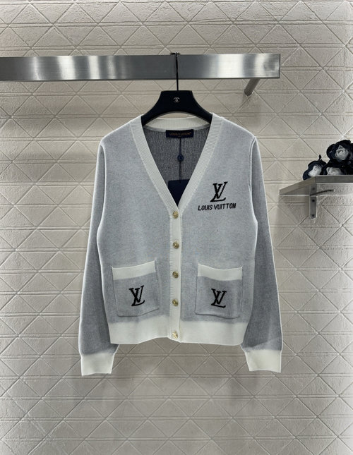 Louis Vuitton V-Neck Knit Cardigan with Embroidered Letters and Gold Fasteners