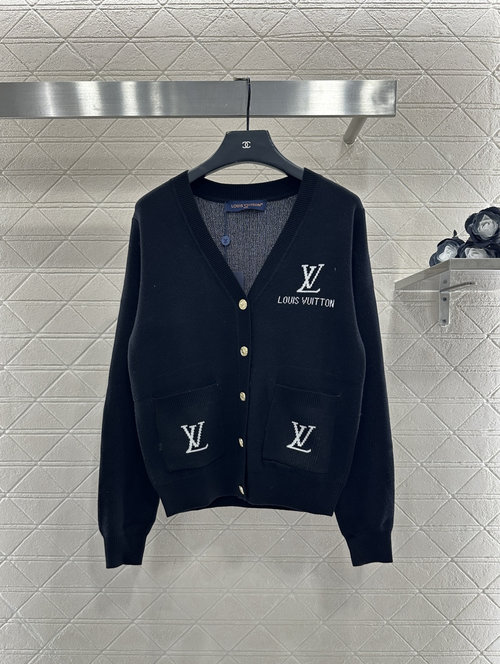Louis Vuitton V-Neck Embroidered Knit Cardigan with Gold Buttons