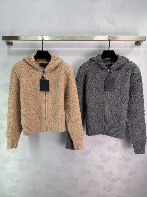 Louis Vuitton Diamond Pattern Knitted Hoodie, High-Quality Wool for Warmth