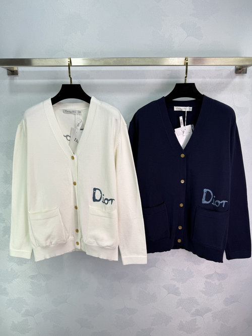 Dior V-Neck Knit Cardigan with Embroidered Logo and Metal Buttons