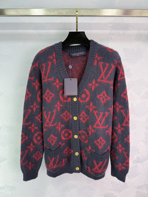 Louis Vuitton Red Jacquard Knit Cardigan with Monogram Design, Sophisticated Style