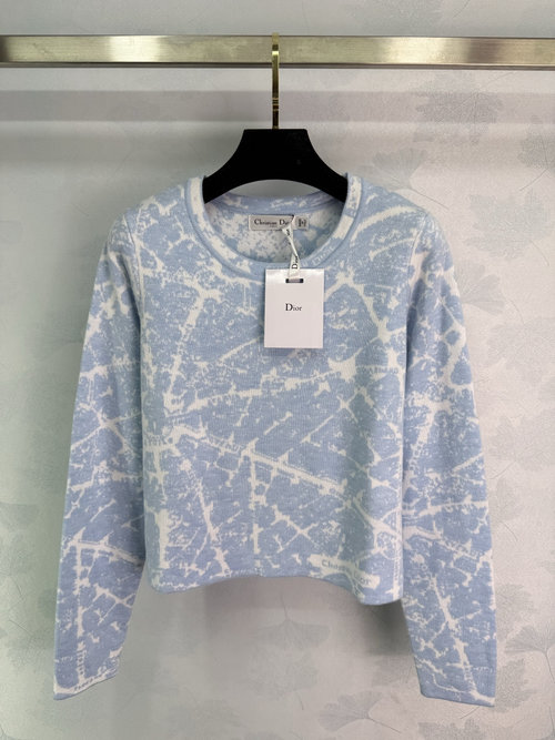 Dior Light Blue Floral Print Knit Sweater with Relaxed Fit