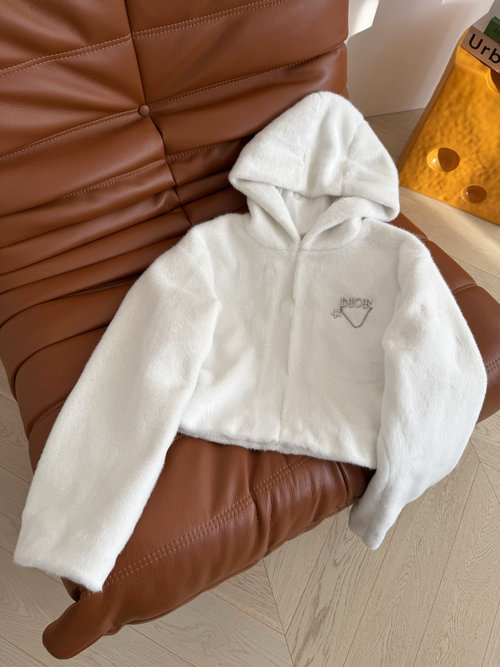 Dior Elegant Warm White Faux Mink Hooded Jacket