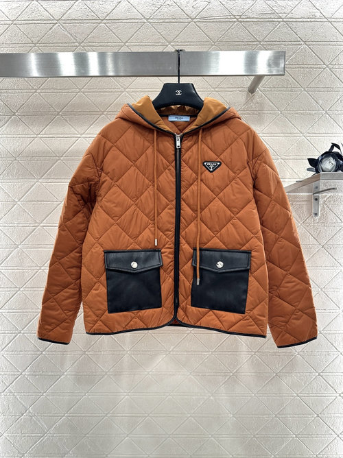 Prada Lightweight Waterproof Nylon Hooded Cotton Jacket with Leather Detailing