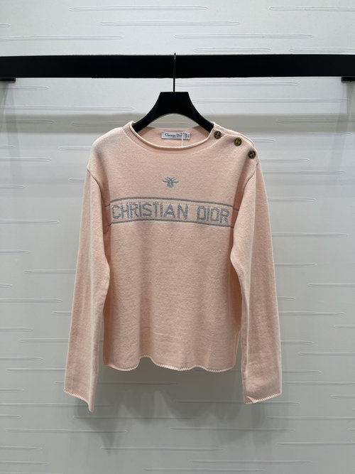 Dior Color-Block Round Neck Sweater of Wool Blend, Elegant with Embroidered Logo and Buttons