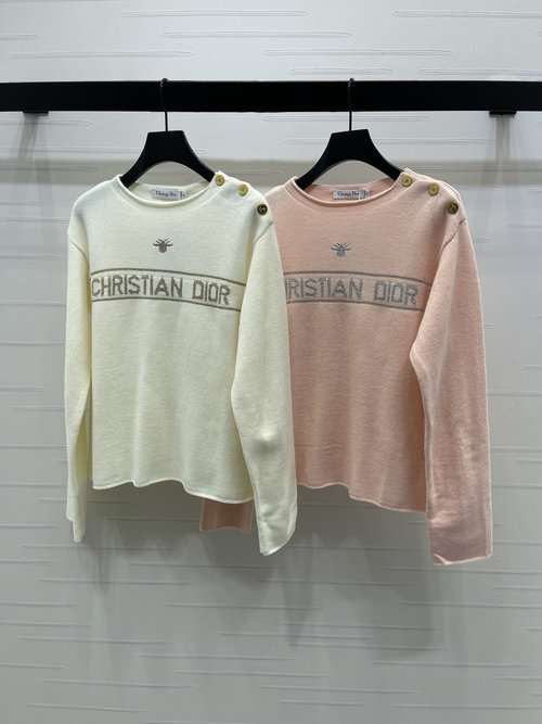 Dior Color-Block Round Neck Sweater of Wool Blend, Elegant with Embroidered Logo and Buttons