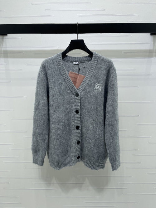 Loewe Comfortable Mohair Wool V-neck Cardigan with Embroidered Logo