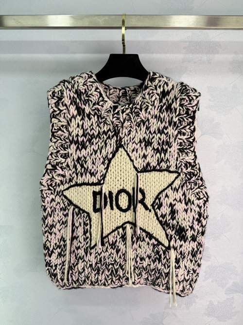 Dior Star Fringe Knit Vest with Pink-Black Color Blocking Design