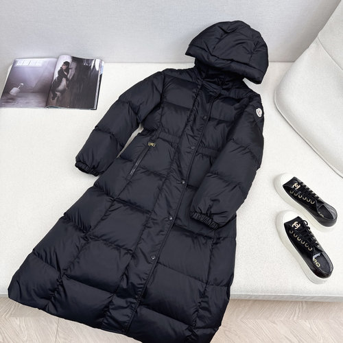 Moncler Knitted Collar Drawstring Waist Long Down Jacket with Logo