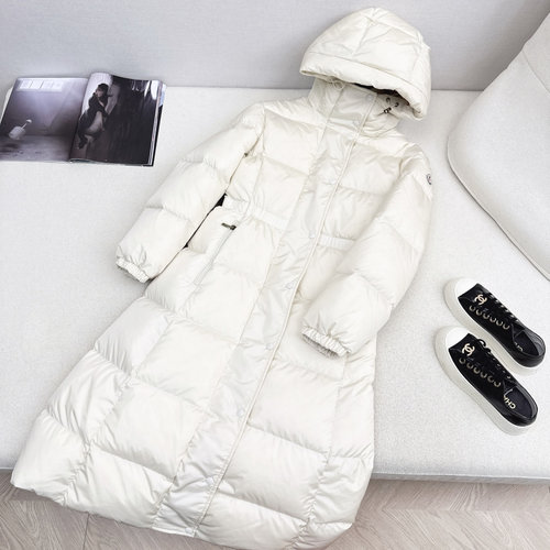 Moncler Knitted Collar Drawstring Waist Long Down Jacket with Logo