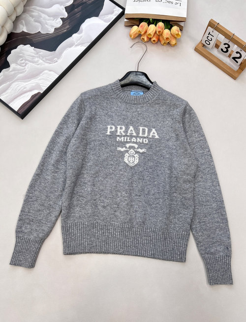 Prada Classic Round-Neck Long-Sleeve Knitted Top with Logo Jacquard, Soft and Warm