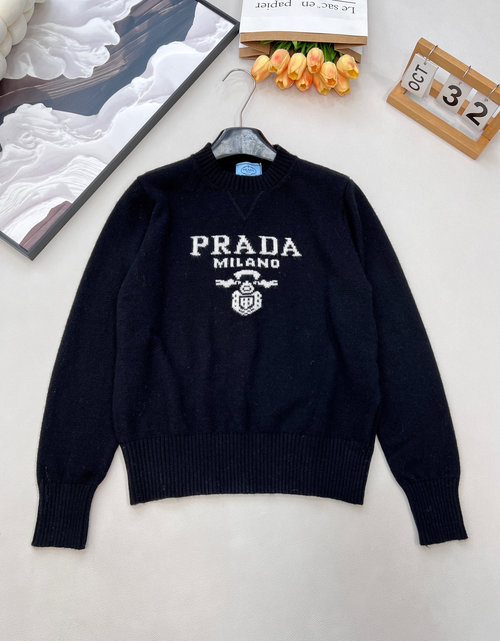 Prada Classic Round-Neck Long-Sleeve Knitted Top with Logo Jacquard, Soft and Warm