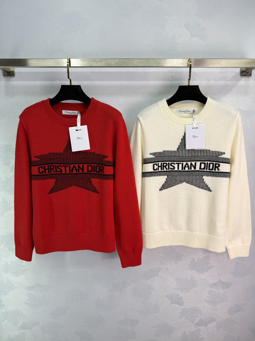 Dior Knit Sweater with Black Star Logo, Soft and Versatile