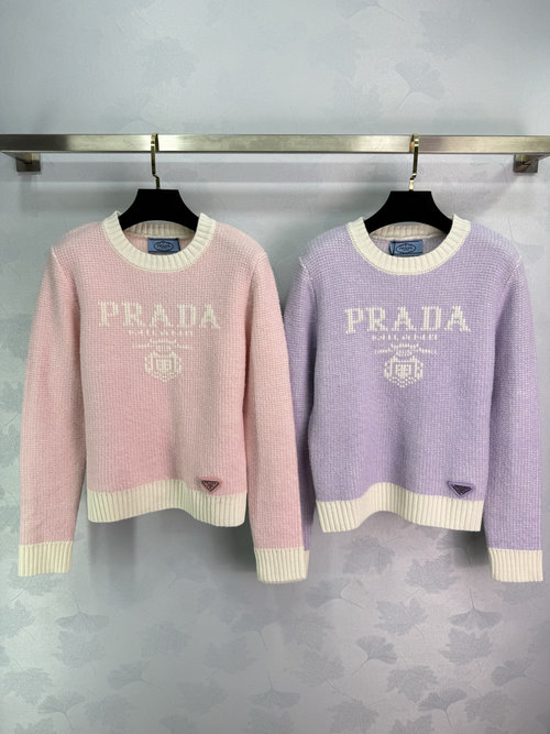 Prada Color-Block Knit Sweater with Chest Logo and Shield Emblem