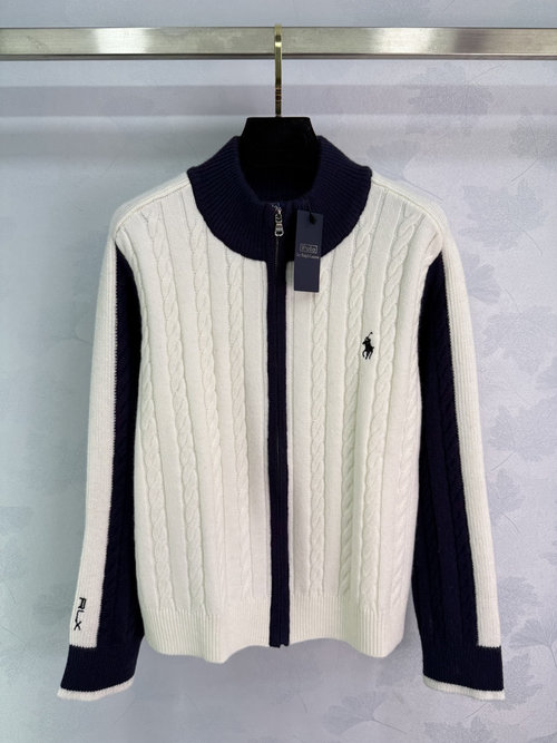 Polo Ralph Lauren Color-Block Stand-Collar Baseball Cardigan with Custom Wool Yarn