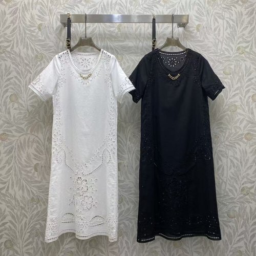 Valentino Stylish Linen Dress with French Lace Embellishment in Black and White