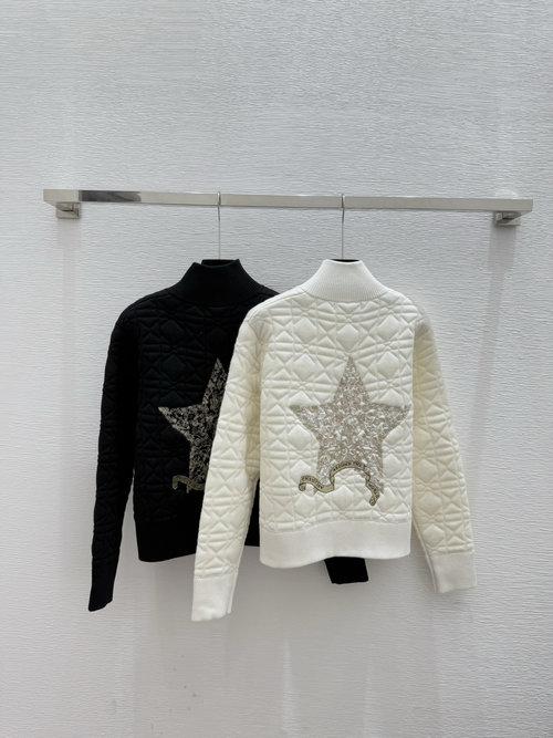 Dior White and Black High-Neck Long-Sleeve Cardigan with Back Star Embroidery