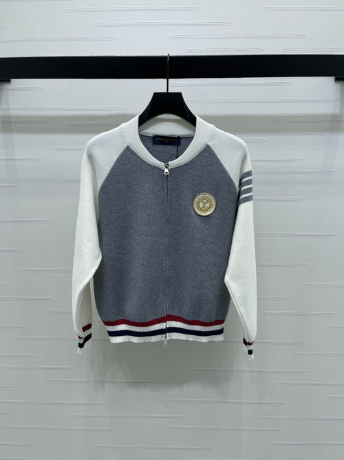 Louis Vuitton Raglan Sleeve Zip-up Knit Cardigan with Striped Design and Brand Letter Embellishment