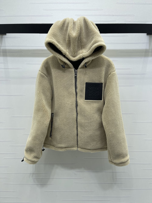 Loewe Hooded Drawstring Lamb Wool Zippered Coat