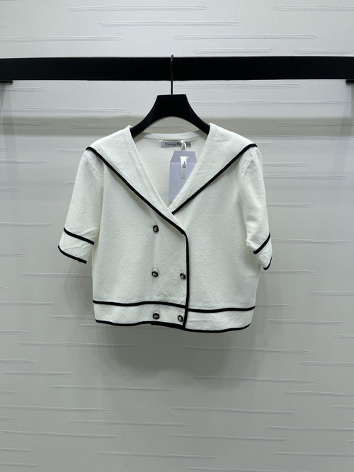 Dior Navy-Inspired Knit Short-Sleeve Cardigan with Contrast Trim and Double-Breasted Buttons