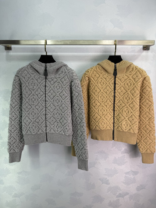Louis Vuitton Soft Knit Zip-Up Hooded Cardigan with Diamond Patterns