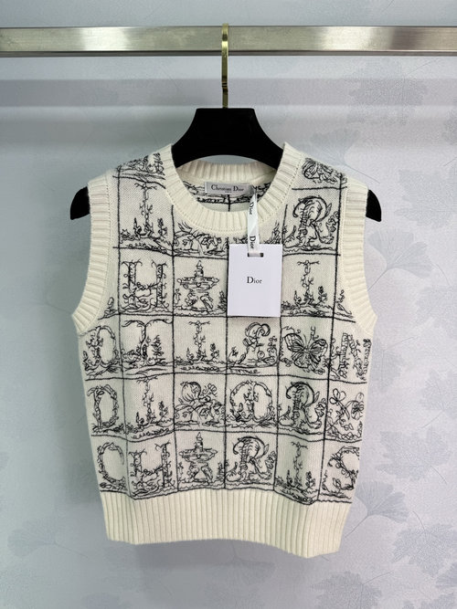 Dior Cashmere Knit Vest with Embroidered Letters, Exuding French Elegance