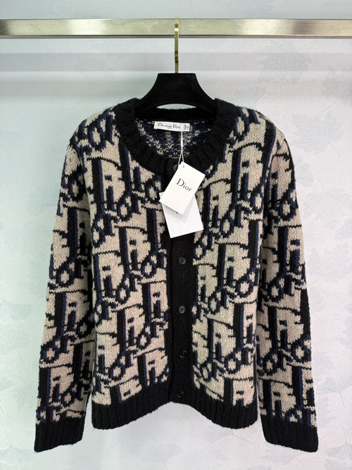 Dior Classic Monogram Knit Cardigan with Black Ribbed Trim for a Sophisticated Look