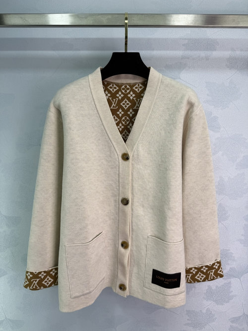Louis Vuitton V-Neck Cardigan with Monogram Pattern and Wooden Buttons, Exuding Sophistication