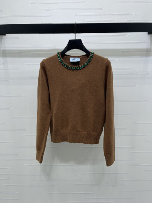 Prada Luxury Rhinestone Knit Sweater with Gemstone Collar