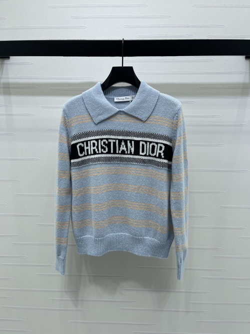 Dior Striped Polo Knit Long Sleeve with Logo, Comfortable and Trendy