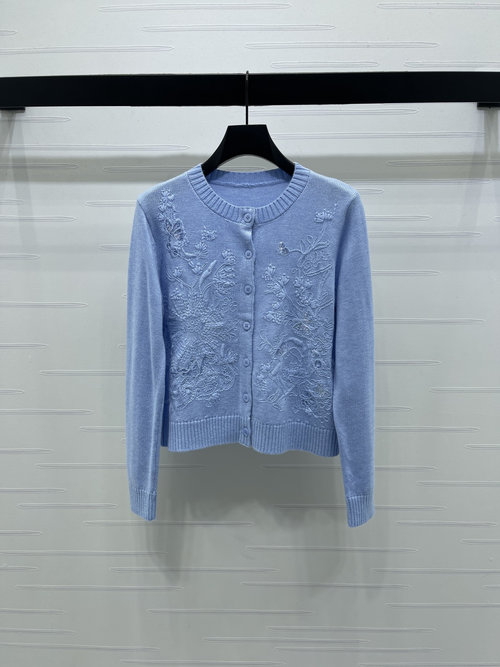 Dior Embroidery Round Neck Long Sleeve Cardigan, Soft and Versatile for Layering