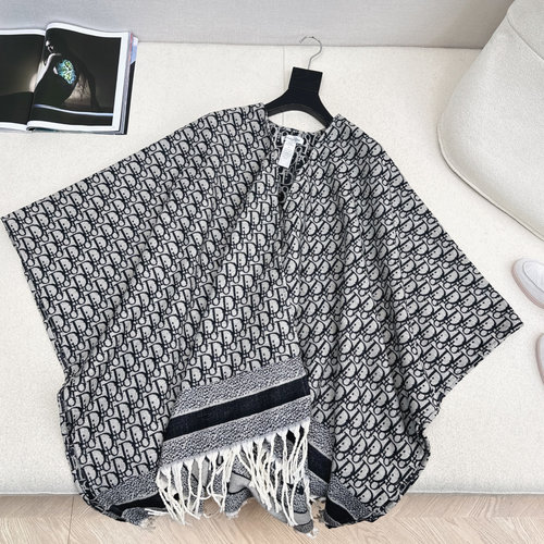 Dior Classic Monogram Wool Scarf Cloak with Hand-Rolled Edges