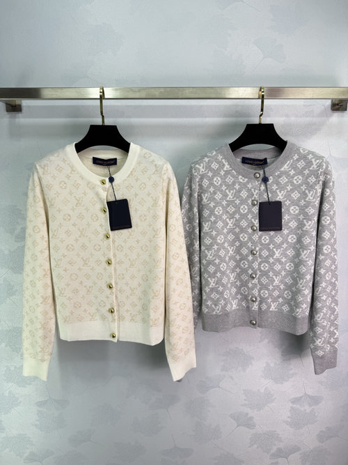 Louis Vuitton Monogram Jacquard Knit Cardigan in Cream with Button Design