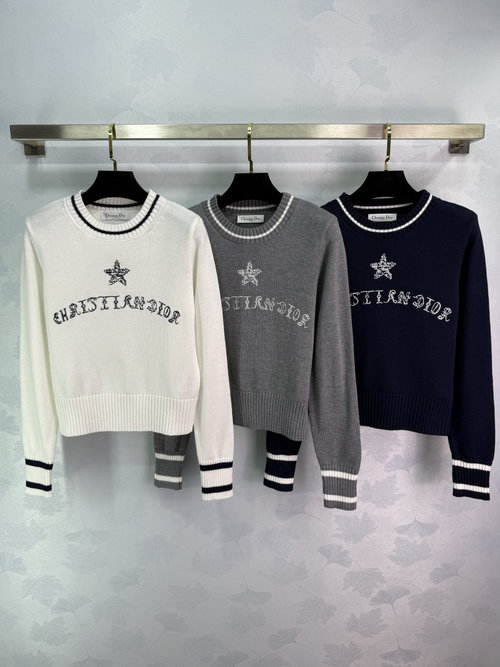 Dior Soft Wool Sweater with Letter and Star Embroidery, Versatile Round Neck for Middle-Aged