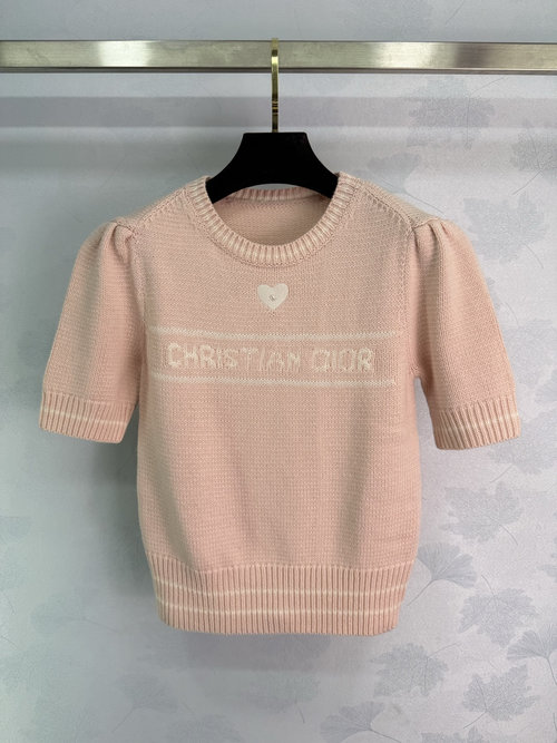 Dior Pink Heart Embroidered Short-Sleeve Knit Top, Elegant Style