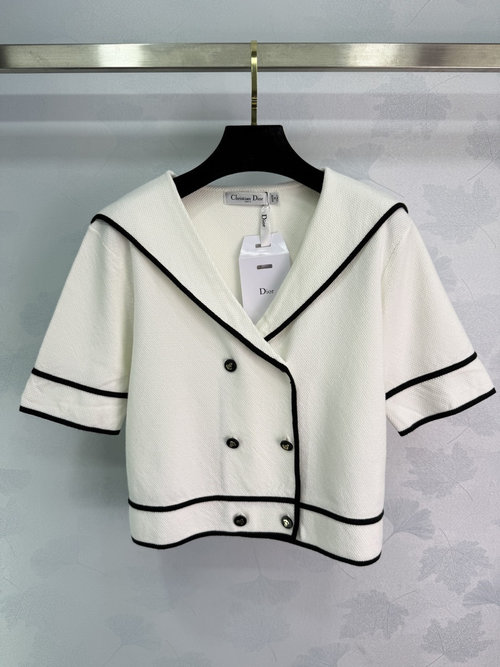 Dior Navy Collar Knitted Short-Sleeve Cardigan, High-Quality and Windproof