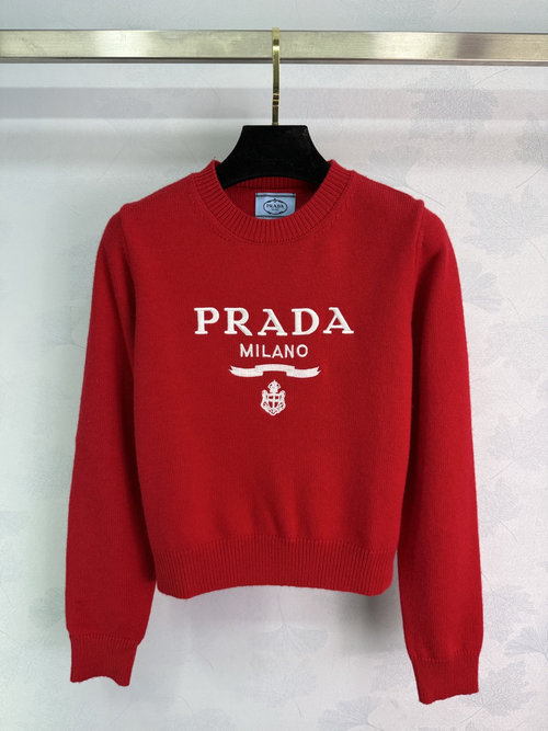 Prada Red Logo Jacquard Sweater - Soft and Suitable for Any Occasion