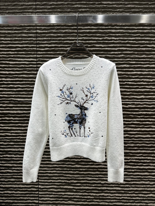 Dior Heavy Embroidered Deer with Sequins Pullover Sweater, Exquisite Craftsmanship