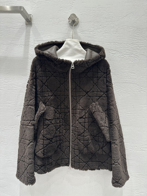 Dior Exquisite Faux Fur Coat with Tartan Pattern and Hood Design