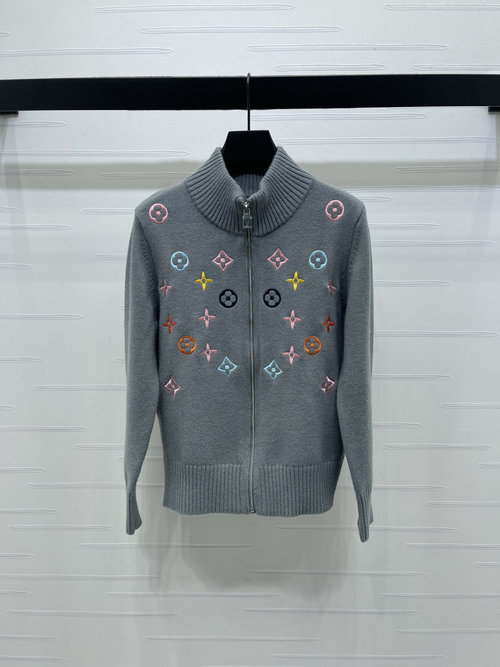 Louis Vuitton Stand-Up Collar Zipper Embroidered Long-Sleeve Cardigan, Latest Series