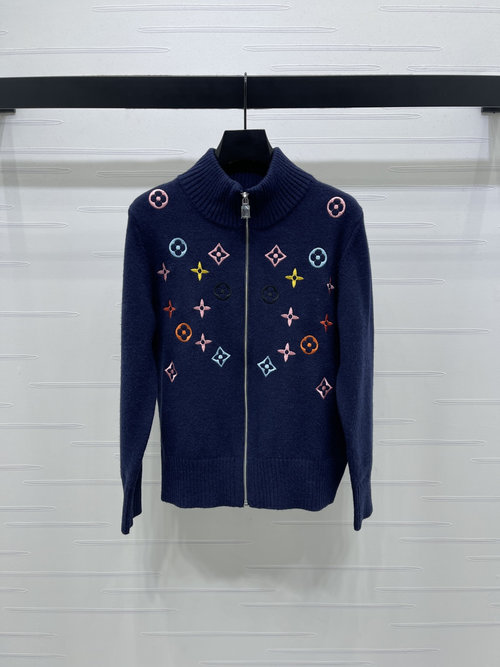 Louis Vuitton Stand-Up Collar Zipper Embroidered Long-Sleeve Cardigan, Latest Series