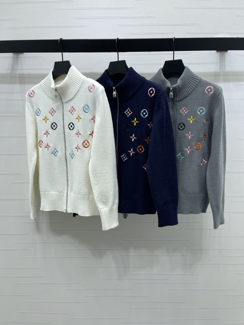 Louis Vuitton Stand-Up Collar Zipper Embroidered Long-Sleeve Cardigan, Latest Series